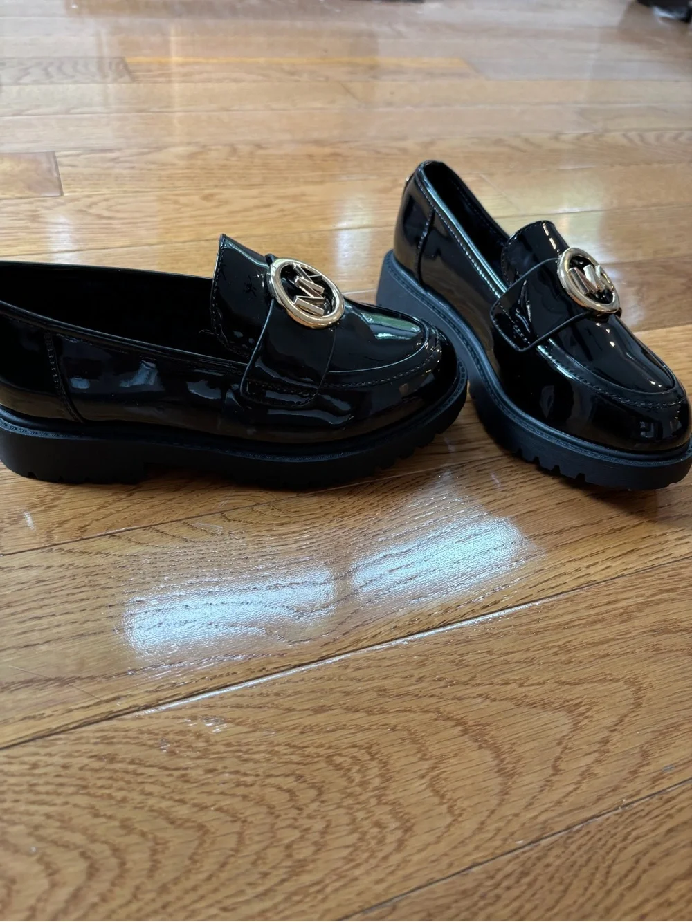 Michael Kors Black Patent Loafers with Gold MK Medallion
